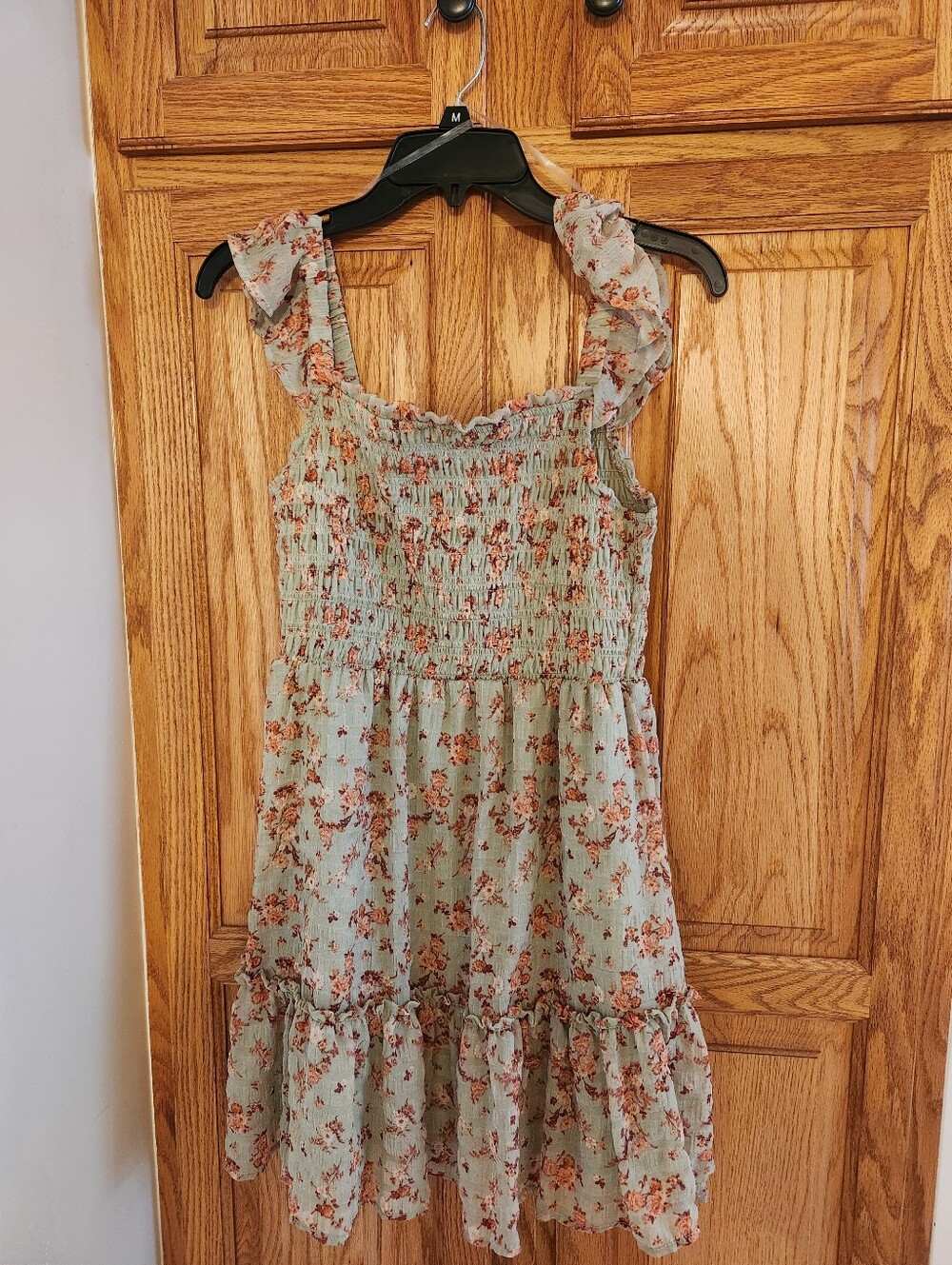 Rewind - Floral Ruffle Strap Womens Dress in Sage Green